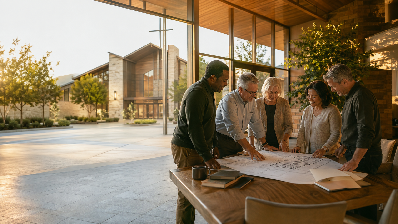Church leaders and an experienced advisor reviewing plans together